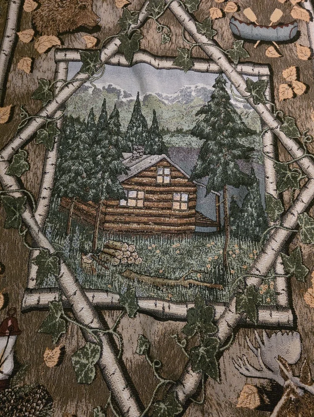 Vintage Log Cabin Throw Blanket With Fringe. Woods Birch Trees